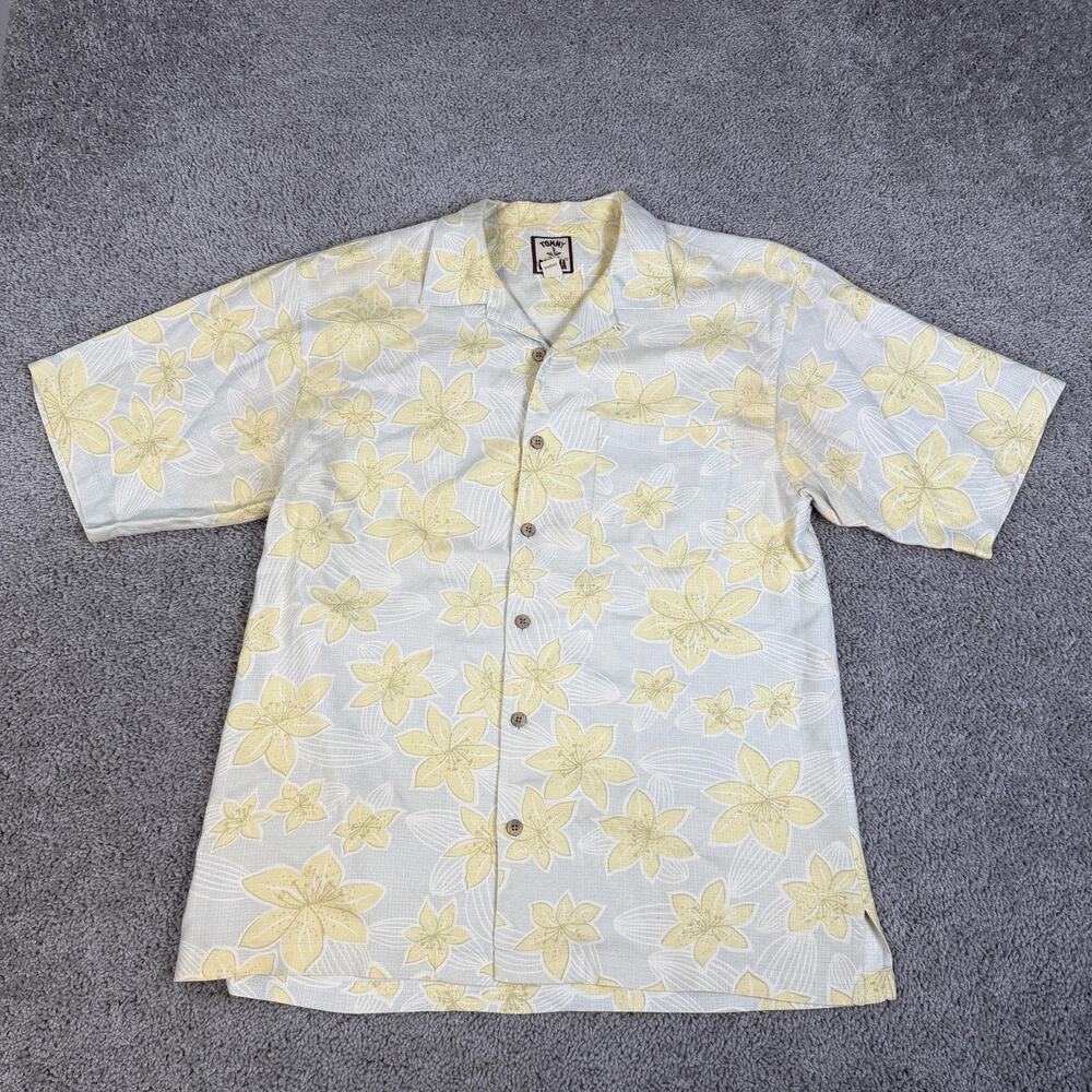Tommy Bahama Shirt Mens M Beige Short Sleeve Button Up Silk Hawaiian Relaxed